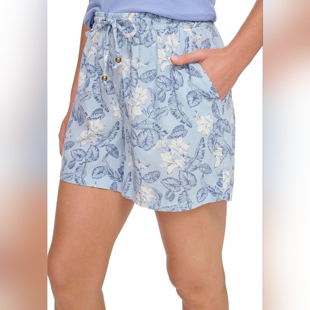 Margaritaville Blue linen blend tropical shorts with beaded tie waist NWT